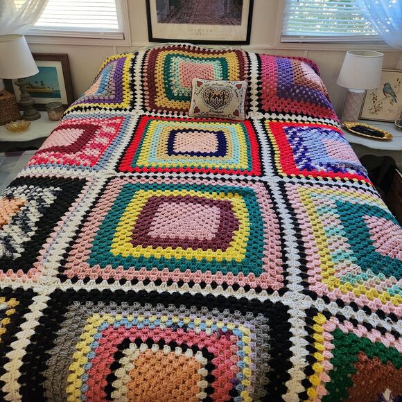 Vtg Handmade Granny Square Afghan Retro Cottagecore FULL/QUEEN 104x65" Y2K *read - Picture 2 of 16